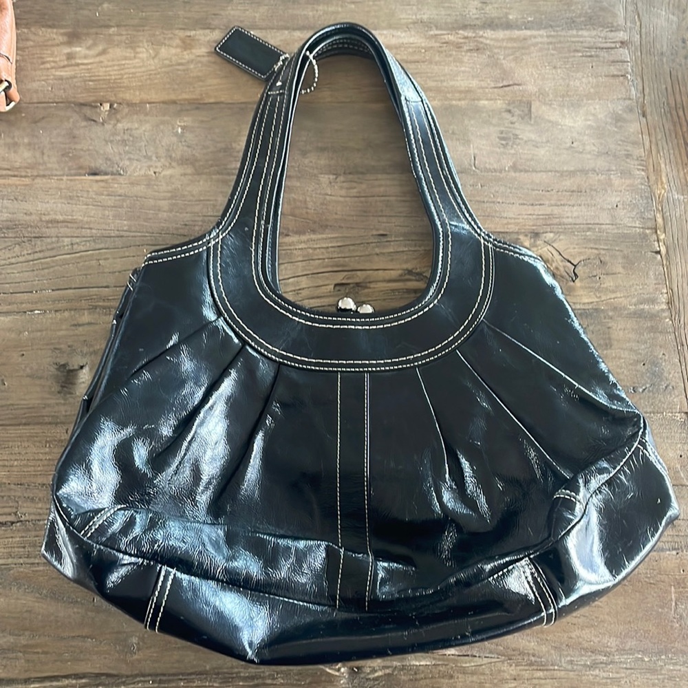 Coach Patin Leather Handbag with White Stitching